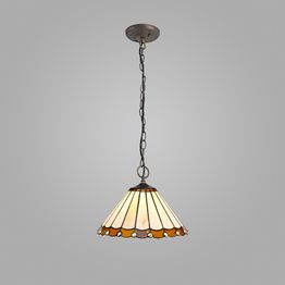 Una 3 Light Downlighter Pendant E27 With 30cm Tiffany Shade, Amber/Cream/Crystal/Aged Antique Brass