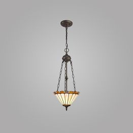 Una 2 Light Uplighter Pendant E27 With 30cm Tiffany Shade, Amber/Cream/Crystal/Aged Antique Brass