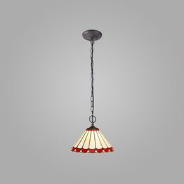 Una 2 Light Downlighter Pendant E27 With 30cm Tiffany Shade, Red/Cream/Crystal/Aged Antique Brass