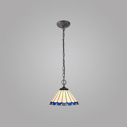 Una 2 Light Downlighter Pendant E27 With 30cm Tiffany Shade, Blue/Cream/Crystal/Aged Antique Brass