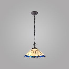 Una 2 Light Downlighter Pendant E27 With 40cm Tiffany Shade, Blue/Cream/Crystal/Aged Antique Brass