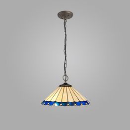 Una 3 Light Downlighter Pendant E27 With 40cm Tiffany Shade, Blue/Cream/Crystal/Aged Antique Brass