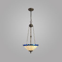 Una 3 Light Uplighter Pendant E27 With 40cm Tiffany Shade, Blue/Cream/Crystal/Aged Antique Brass