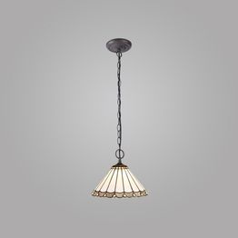 Una 2 Light Downlighter Pendant E27 With 30cm Tiffany Shade, Grey/Cream/Crystal/Aged Antique Brass
