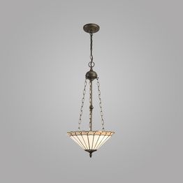 Una 3 Light Uplighter Pendant E27 With 40cm Tiffany Shade, Grey/Cream/Crystal/Aged Antique Brass