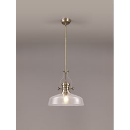 Lucinda Pendant With 38cm Flat Round Shade, 1 x E27, Antique Brass/Clear Glass