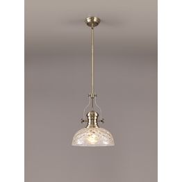 Lucinda Pendant With 30cm Flat Round Patterned Shade, 1 x E27, Antique Brass/Clear Glass