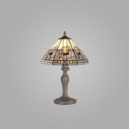 Areta 1 Light Curved Table Lamp E27 With 30cm Tiffany Shade, White/Grey/Black/Clear Crystal/Aged Antique Brass