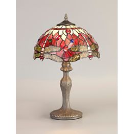 Haze 1 Light Curved Table Lamp E27 With 30cm Tiffany Shade, Purple/Pink/Crystal/Aged Antique Brass