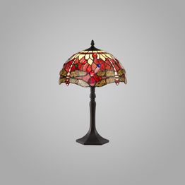 Haze 1 Light Octagonal Table Lamp E27 With 30cm Tiffany Shade, Purple/Pink/Crystal/Aged Antique Brass
