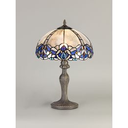 Orella 1 Light Curved Table Lamp E27 With 30cm Tiffany Shade, Blue/Clear Crystal/Aged Antique Brass