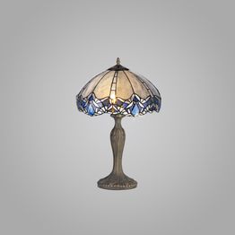 Orella 2 Light Curved Table Lamp E27 With 40cm Tiffany Shade, Blue/Clear Crystal/Aged Antique Brass
