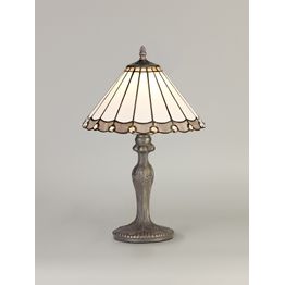 Una 1 Light Curved Table Lamp E27 With 30cm Tiffany Shade, Grey/Cream/Crystal/Aged Antique Brass