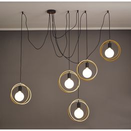 Lyra Double Ring Multi Pendant, 5 Light E27, Matt Black / Painted Gold, G95/120 Lamp Recommended