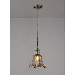 Marion Switched Pendant 1.5m, 1 x E27, Antique Brass / Black Twisted Cable / Brown Flower Glass