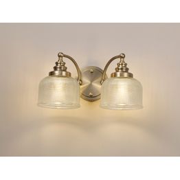 Shelby Switched 2 Light E27 Antique Brass / Prismatic Glass Wall Lamp