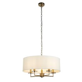 Knightsbridge 5Lt Pendant- Antique Brass &amp; White Linen Shade