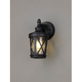 Garland Down Round Criss Cross Wall Lamp, 1 x E27, IP44, Sand Black/Clear Seeded Glass, 2yrs Warranty