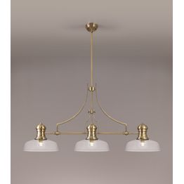 Lucinda 3 Light Linear Pendant E27 With 30cm Flat Round Glass Shade, Antique Brass, Clear