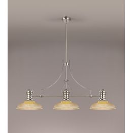 Lucinda 3 Light Linear Pendant E27 With 30cm Round Glass Shade, Polished Nickel, Amber