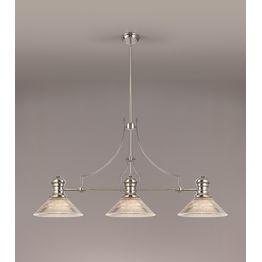 Lucinda 3 Light Linear Pendant E27 With 30cm Cone Glass Shade, Polished Nickel, Clear