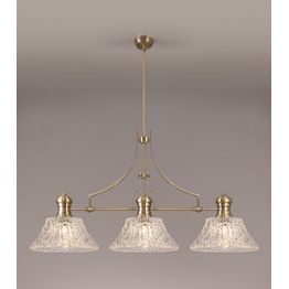 Lucinda Linear Pendant With 38cm Patterned Round Shade, 3 x E27, Antique Brass/Clear Glass Item Weight: 19.1kg