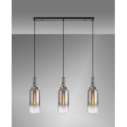 Angela Linear 3 Light Pendant E27 With 16cm Cylinder Glass, Smoked/Clear Polished Nickel/Matt Black