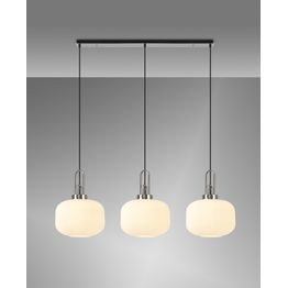 Angela Linear 3 Light Pendant E27, Polished Nickel/Matt Black With 30cm Pumpkin Shaped Ribbed Opal Glass