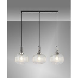 Angela Linear 3 Light Pendant E27, Polished Nickel/Matt Black With 30cm Pumpkin Shaped Ribbed Clear Glass