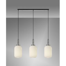 Angela Linear 3 Light Pendant E27 With 20cm Tubular Ribbed Glass, Opal Polished Nickel/Matt Black