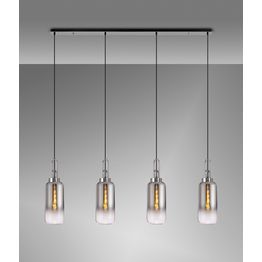 Angela Linear 4 Light Pendant E27 With 16cm Cylinder Glass, Smoked/Clear Polished Nickel/Matt Black