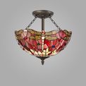 Haze 3 Light Semi Ceiling E27 With 40cm Tiffany Shade, Purple/Pink/Crystal/Aged Antique Brass additional 1