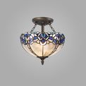 Orella 2 Light Semi Ceiling E27 With 30cm Tiffany Shade, Blue/Clear Crystal/Aged Antique Brass additional 1