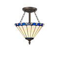 Una 3 Light Semi Ceiling E27 With 30cm Tiffany Shade, Blue/Cream/Crystal/Aged Antique Brass additional 2
