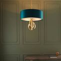 Aldwych 3 light Pendant Antique gold leaf &amp; teal satin fabric additional 3