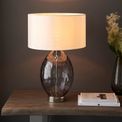 Carlisle Table Lamp Grey tinted glass, bright nickel plate with vintage white fabric additional 3