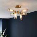 Greasby 6 Light Semi flush light Satin brass plate with clear &amp; frosted glass additional 3