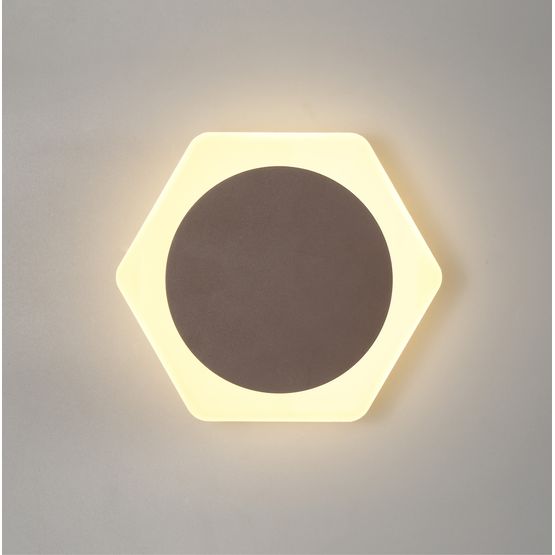 Melody Magnetic Base Wall Lamp, 12W LED 3000K 498lm, 15cm Round 19cm Horizontal Hexagonal Centre, Coffee/Acrylic Frosted Diffuser