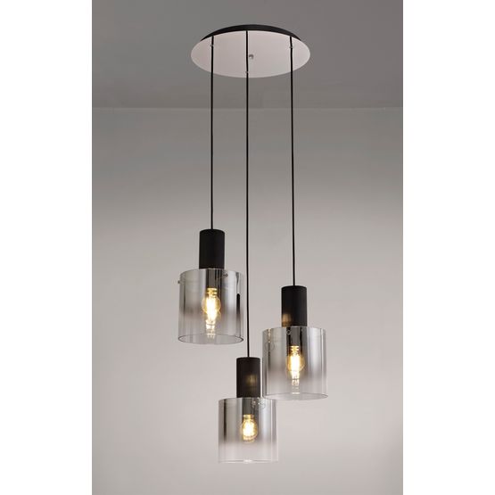 Brita Round Pendant, 3 Light Adjustable E27, Black/Smoke Fade Glass