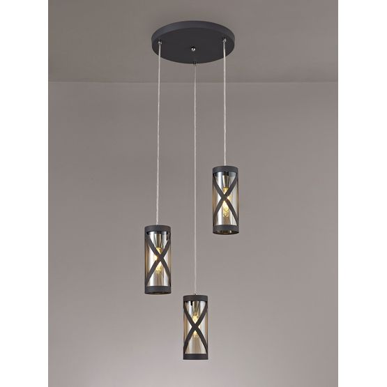 Naomi 3 Light Round Pendant E14, Matt Grey/Polished Chrome/Cognac
