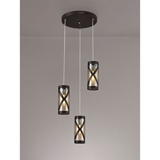 Naomi 3 Light Round Pendant E14, Oiled Bronze/Polished Chrome/Amber