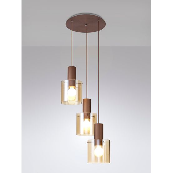 Brita Round Pendant, 3 Light Adjustable E27, Mocha/Amber Glass