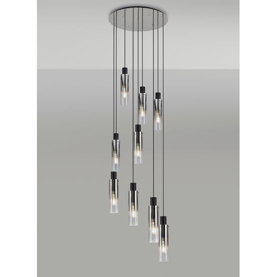 Brita Slim Round Pendant, 9 Light Adjustable E27, Black/Smoke Fade Glass