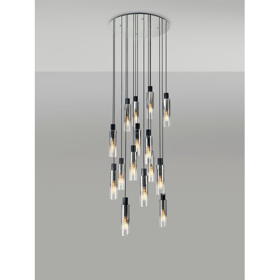 Brita Slim, 15 Light Adjustable E27, Black/Smoke Fade Glass Round Pendant