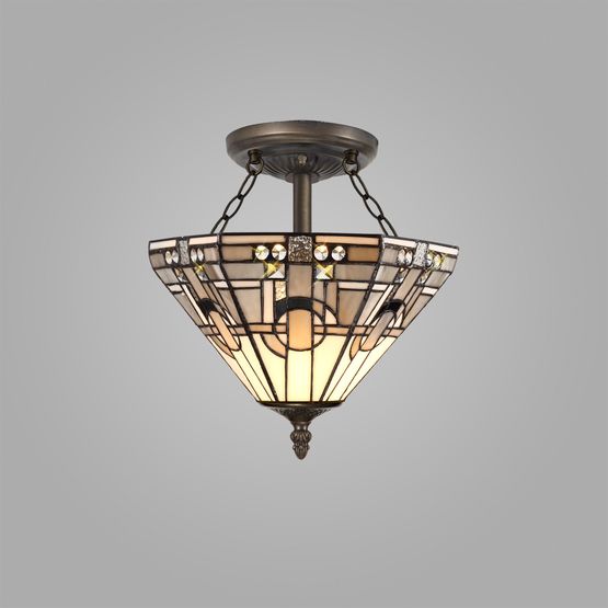 Areta 2 Light E27 Semi Ceiling With Tiffany Shade 30cm Shade, White/Grey/Black/Clear Crystal/Aged Antique Brass