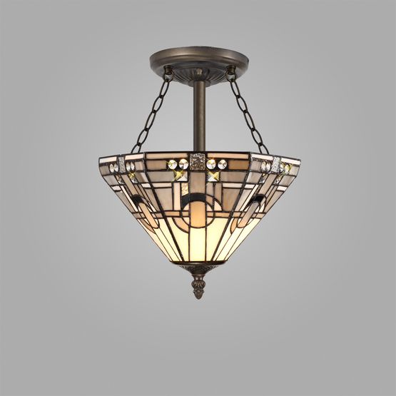 Areta 3 Light E27 Semi Ceiling With Tiffany Shade 30cm Shade, White/Grey/Black/Clear Crystal/Aged Antique Brass