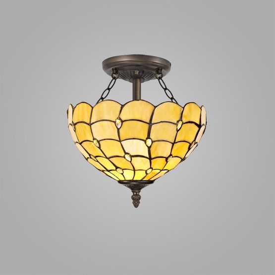 Camillie 2 Light Semi Ceiling E27 With 30cm Tiffany Shade, Beige/Clear Crystal/Aged Antique Brass