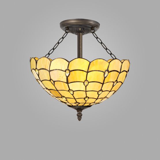 Camillie 3 Light Semi Ceiling E27 With 40cm Tiffany Shade, Beige/Clear Crystal/Aged Antique Brass