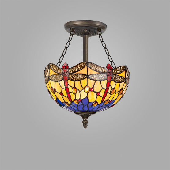 Haze 3 Light Semi Ceiling E27 With 30cm Tiffany Shade, Blue/Orange/Crystal/Aged Antique Brass