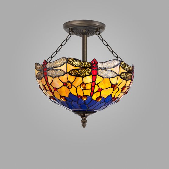 Haze 3 Light Semi Ceiling E27 With 40cm Tiffany Shade, Blue/Orange/Crystal/Aged Antique Brass